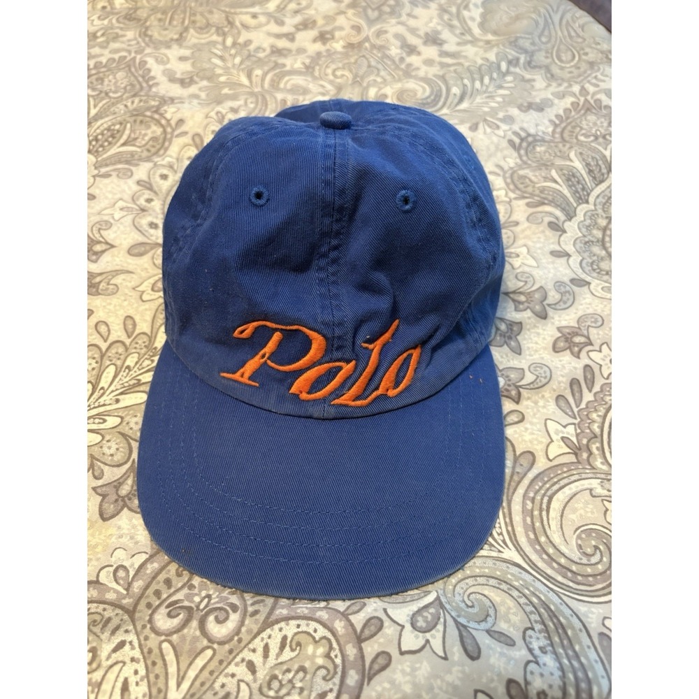 Polo Ralph Lauren Script Hat Vintage 90s Blue/Orange Cap Leather Strapback‎